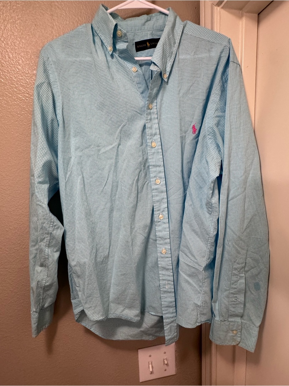 Ralph Lauren Light Blue Micro-Check Button-Down Shirt with Pink Pony